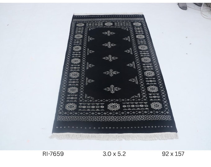 Hand-knotted Mohri Bokhara Cotton and Wool Rug, Geomatrical in Black base and Black border, 3.0 x 5.2 ft