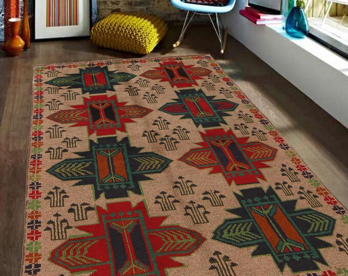 Hand-knotted Baluchi in Beige and Blue 3.93 x 6.56 ft