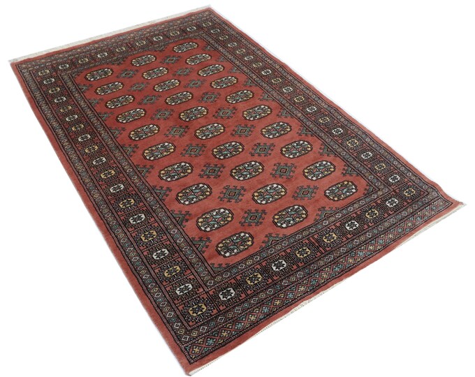 4.1 X 6.2 ft Copper Geomatrical Handmade Runner, Mori Bokhara Cotton and Wool