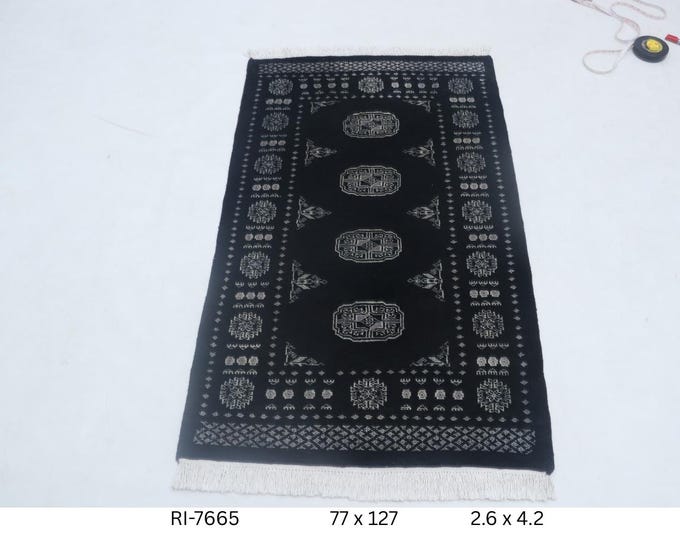 Hand-knotted Mori Bokhara Cotton and Wool Rug, Geomatrical in Black base and Black border, 2.6 x 4.2 ft