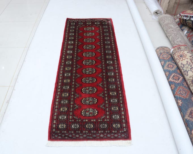 2.6 X 5.9 ft Red Geomatrical Runner Handmade, Mori Bokhara Cotton and Wool