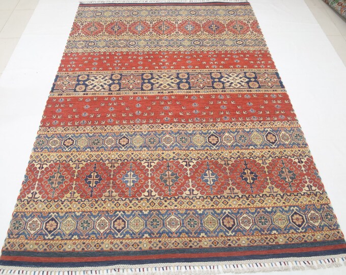 7x10 Red Afghan Wool Rug – Handmade Geometric Tribal Khorjin