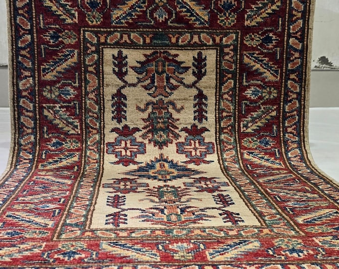 2 X 3 ft Handmade Floral Super Kazak Rug, Beige and Red, Cotton and Wool