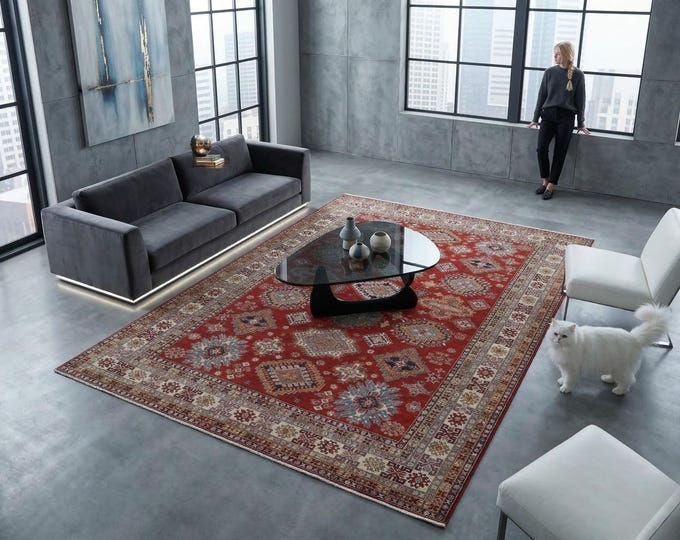 8 X 10 ft Red and Beige Geomatrical Handmade , Super Kazak Cotton and Wool