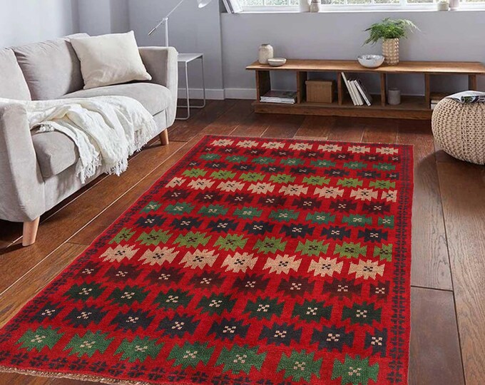 Hand-knotted Baluchi Red and Rainbow, 3.93 x 6.56 ft