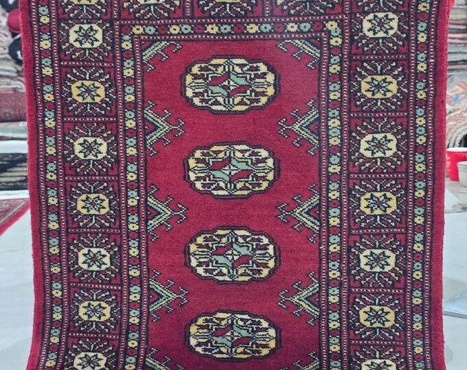2 X 3 ft Red Geometrical Handmade, Mori Bokhara Cotton and Wool