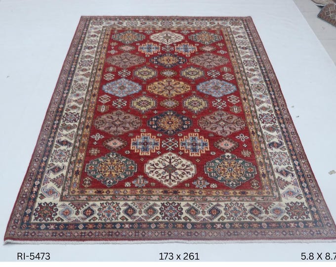 Hand-knotted Super Kazak Cotton and Wool Rug, Geomatrical in Red base and Beige border, 5.8 X 8.7 ft