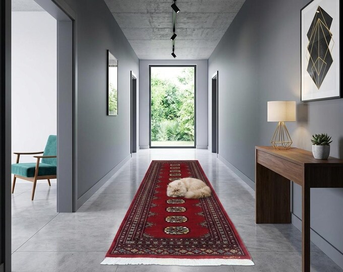 2.0 X 5.10 ft Red Geomatrical Handmade Runner, Mori Bokhara Cotton and Wool