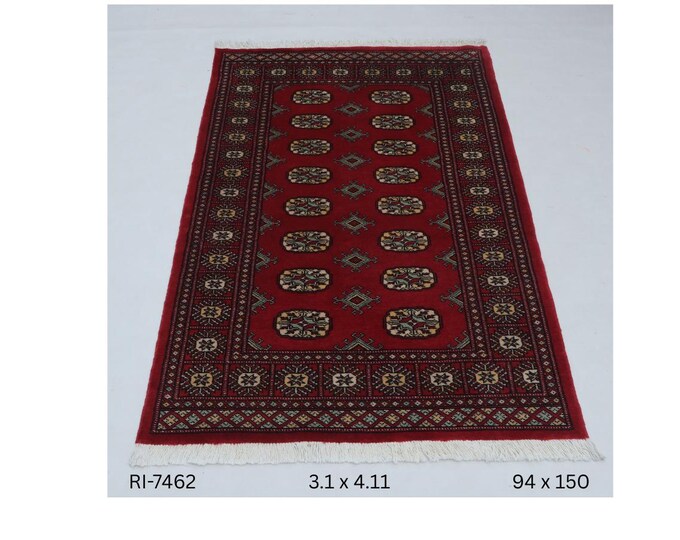 Hand-knotted Mohri Bokhara Cotton and Wool Rug, Geomatrical in Red base and Red border, 3.1 x 4.11 ft