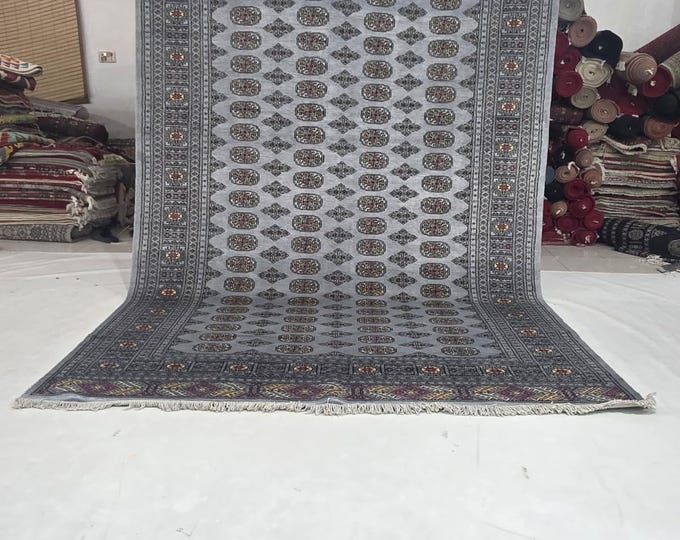 7 x 10 ft Gray Geometrical Handmade, Mori Bokhara Cotton and Wool