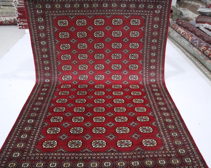 Hand Knotted Wool Mori Bokhara Rug, 6x8 Ft, Red Geometric Rug