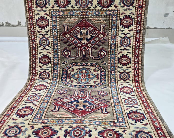 2 X 3 ft Handmade Floral Super Kazak Rug, Gray and Beige, Cotton and Wool