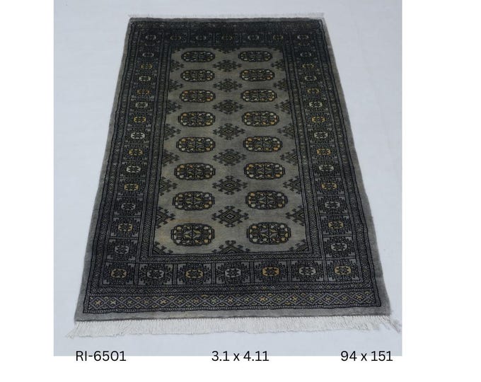 Hand-knotted Mohri Bokhara Cotton and Wool Rug Geomatrical in Gray and Gray border, 3.1 x 4.11 ft