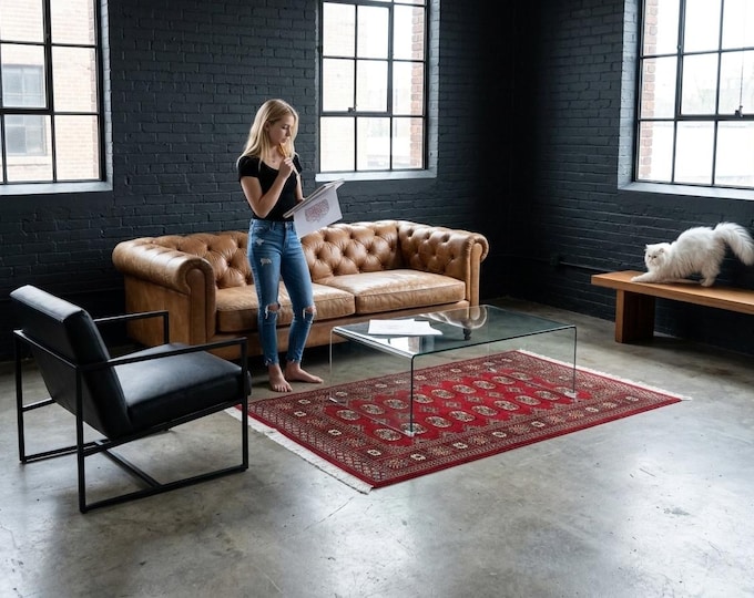 3.1 X 5.0 ft Red Geomatrical Handmade ,Mori Bokhara Cotton and Wool