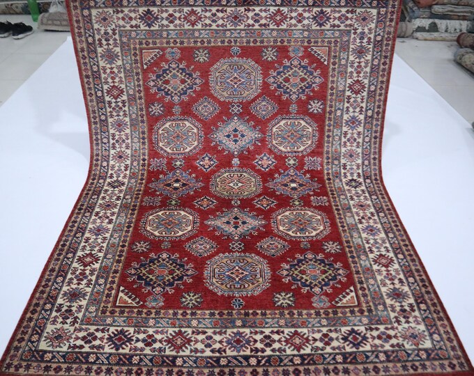 5x7 Red Kazak Rug – Hand-Knotted Afghan Wool, Oriental Design