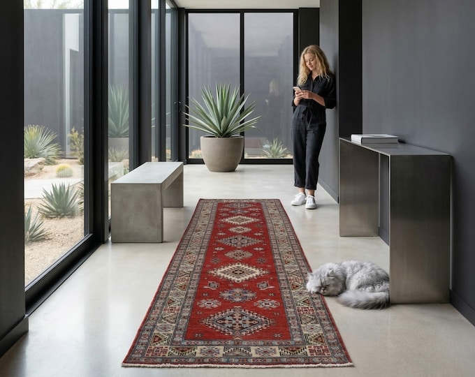 2.6 x 7.7 ft Red and Beige Geomatrical Handmade Runner , Super Kazak Cotton and Wool