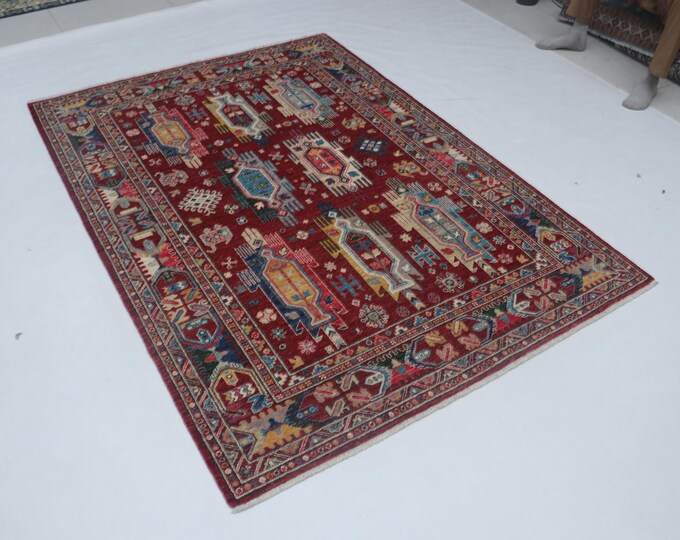 5 X 6 Red Floral Handmade, Chobi Cotton and Wool