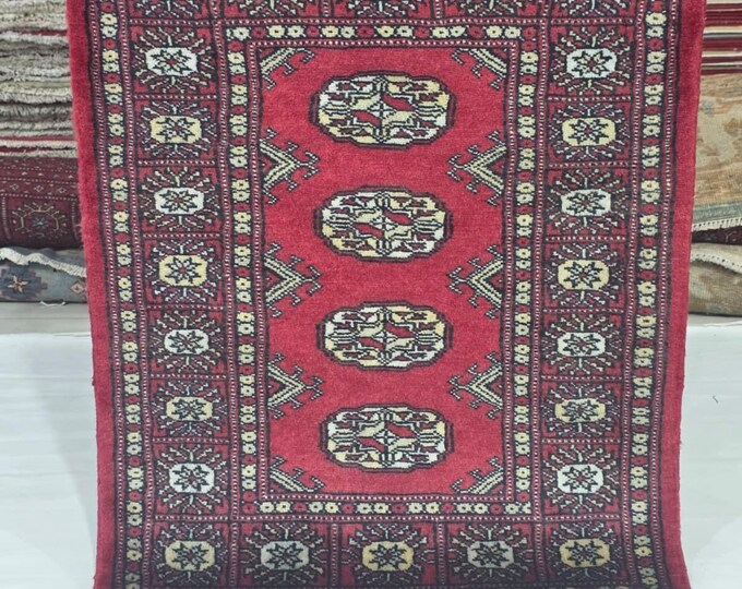 2 X 3 ft Red Geometrical Handmade, Mori Bokhara Cotton and Wool