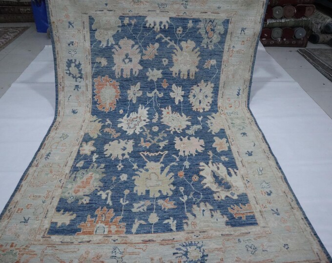 6x9 Ft Blue Oushak Rug – Turkish Handmade Wool Floral Area Rug