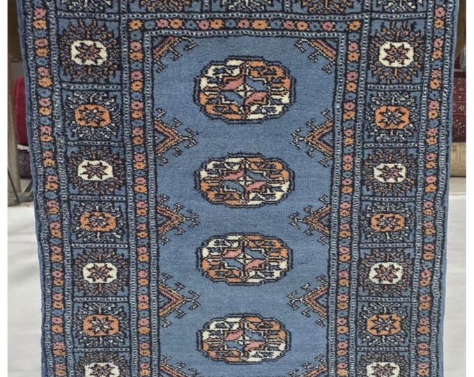 2 X 3 ft Blue Geometrical Handmade, Mori Bokhara Cotton and Wool