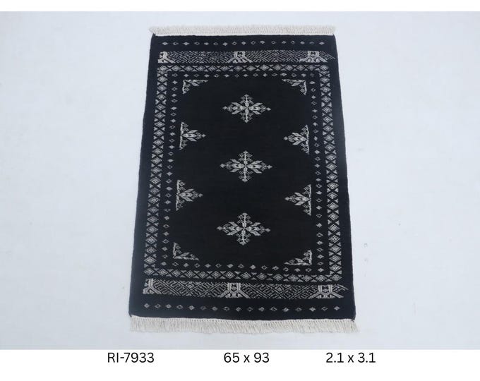 Hand-knotted Mori Bokhara Cotton and Wool Rug, Geomatrical in Black base and Black border, 2.1 x 3.1 ft