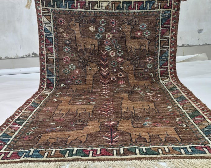 3.5 X 6 ft Handmade Animal Print Chobi Rug, Brown, Cotton and Wool