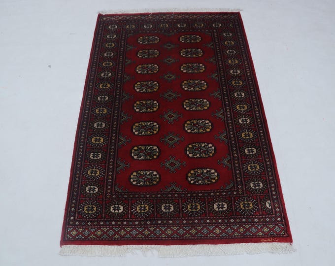 3.2 X 4.11 ft Red Geomatrical Handmade ,Mori Bokhara Cotton and Wool