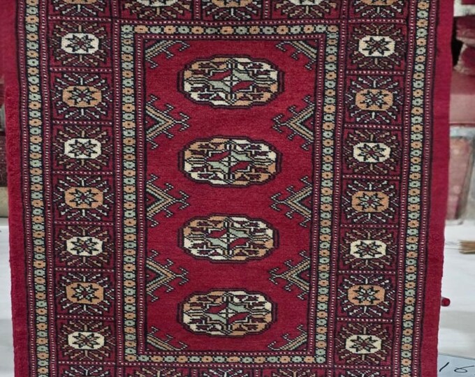2 X 3 ft Red Geometrical Handmade, Mori Bokhara Cotton and Wool
