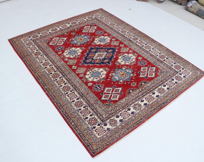 5 X 6 ft Red and Beige Geomatrical Handmade , Super Kazak Cotton and Wool