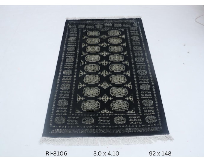 Hand-knotted Mohri Bokhara Cotton and Wool Rug, Geomatrical in Black base and Black border, 3.0 x 4.10 ft