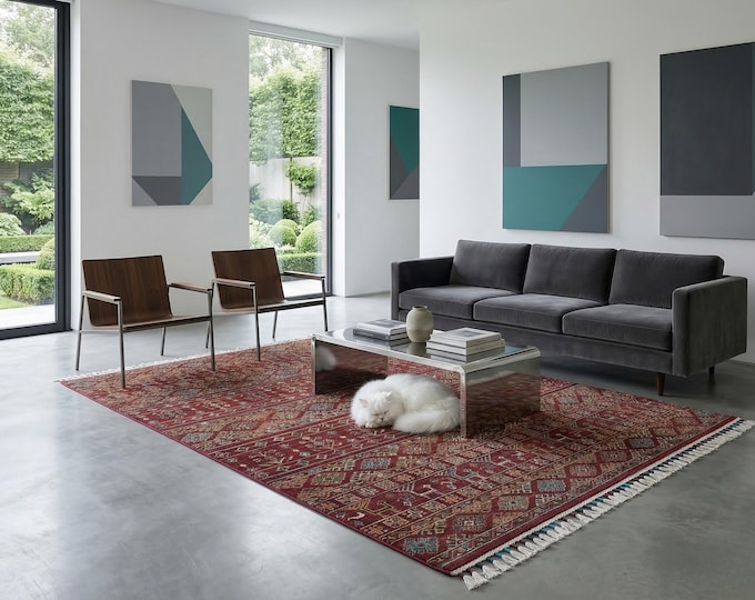 5 X 8 ft Red Rainbow Handmade, Khurjeen Cotton and Wool