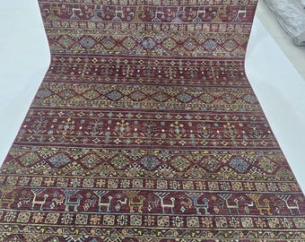 5.5 X 8 ft Handmade Geometrical Khurjeen Rug in Red Colour, Cotton and Wool