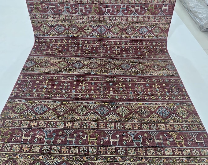 5.5 X 8 ft Handmade Geometrical Khurjeen Rug in Red Colour, Cotton and Wool