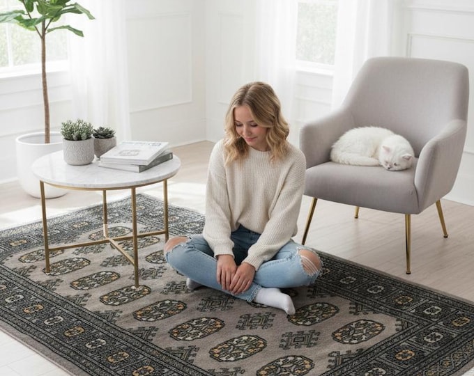 3.1 X 5.0 ft Gray Geomatrical Handmade Runner, Mori Bokhara Cotton and Wool