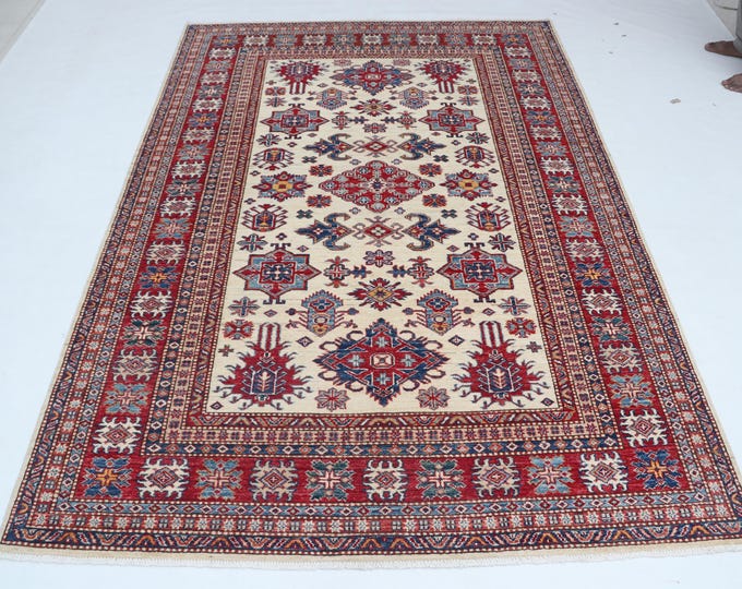 5.0 X 8.0 ft Red and Beige Geomatrical Handmade, Super Kazak Cotton and Wool