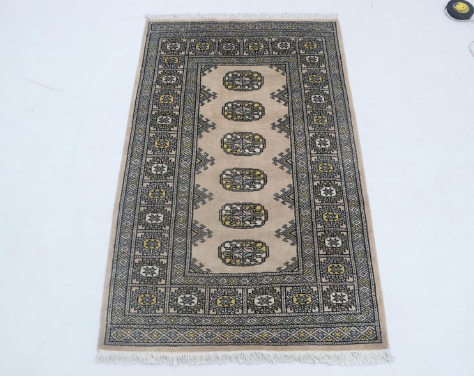 2.7 X 4.2 ft Beige Geomatrical Handmade , Mori Bokhara Cotton and Wool