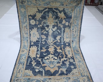 Blue Oushak Rug 4x6 Ft – Hand Knotted Wool, Traditional Turkish Design