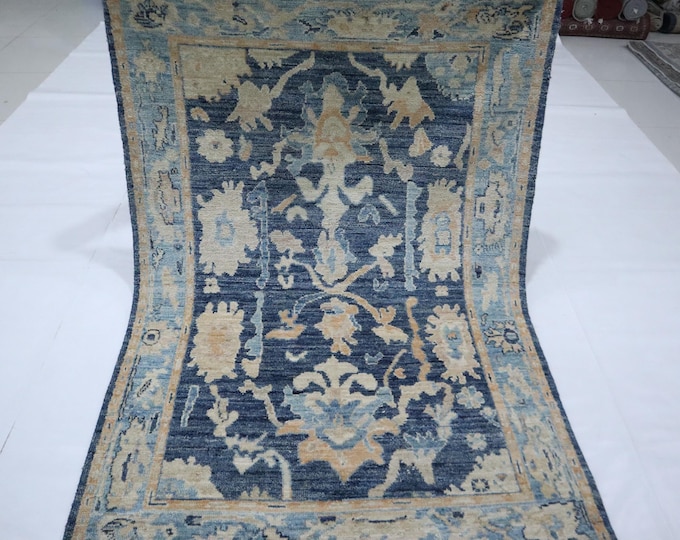 Blue Oushak Rug 4x6 Ft – Hand Knotted Wool, Traditional Turkish Design