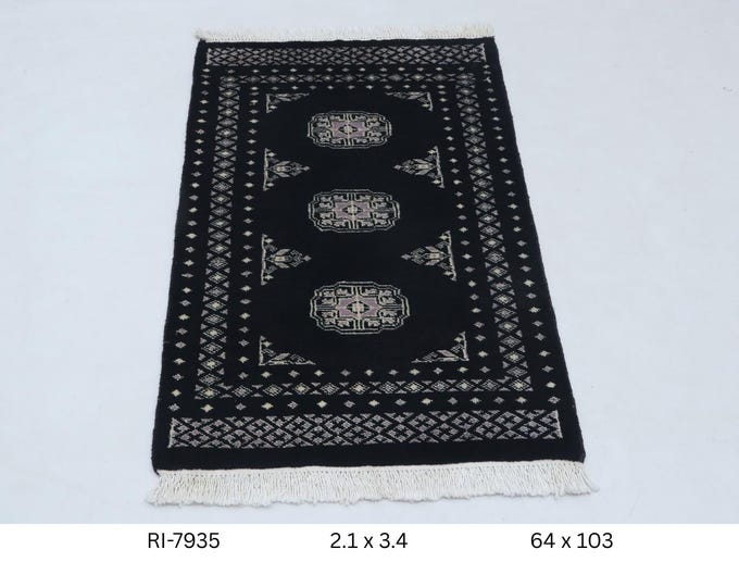 Hand-knotted Mohri Bokhara Cotton and Wool Rug, Geomatrical in Black base and Black border, 2.1 x 3.4 ft
