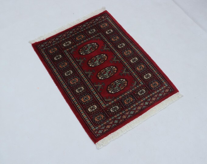 2.2 X 2.9 ft Red Geomatrical Handmade ,Mori Bokhara Cotton and Wool