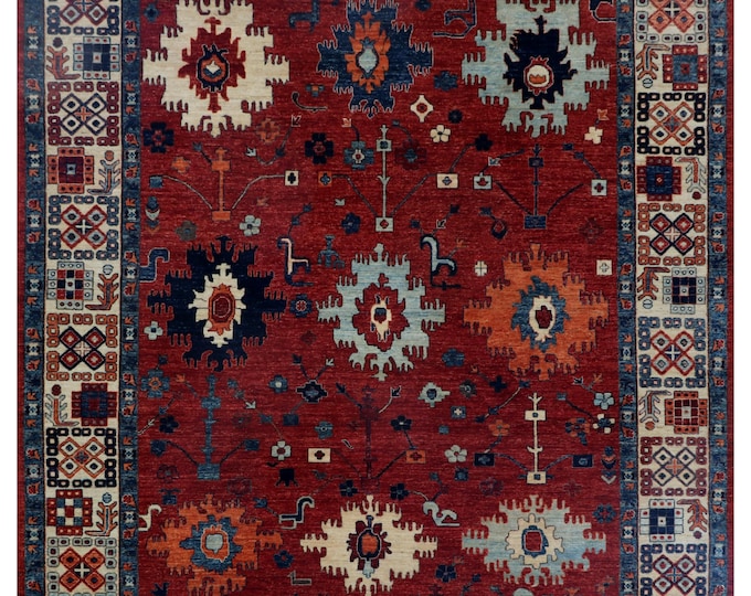 8.9 X 11.10 ft Red and Beige Floral Handmade ,Heriz Cotton and Wool