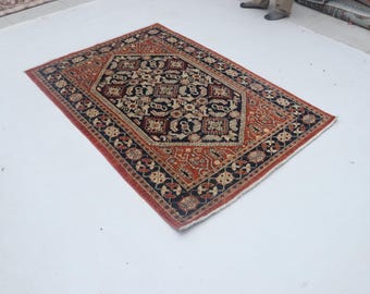 Hand-knotted Super Kazak Cotton and Wool Rug, Geomatrical in Black base and Blue border, 4.2 X 6.0 ft