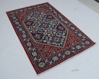 4 X 6 ft Blue Floral Handmade, Chobi Cotton and Wool