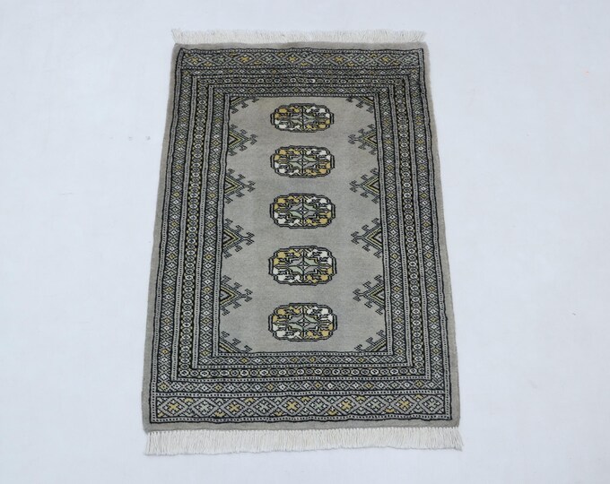 2.2 X 3.1 ft Gray Geomatrical Handmade, Mori Bokhara Cotton and Wool