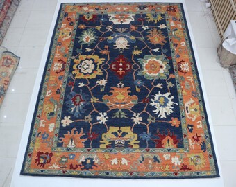 9.10 X 13.8 ft Blue and Copper Floral Handmade ,Oshak Wool