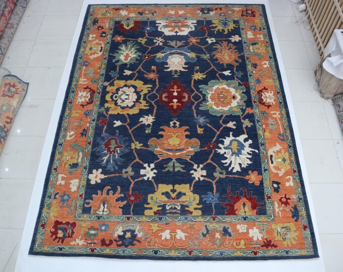 9.10 X 13.8 ft Blue and Copper Floral Handmade ,Oshak Wool