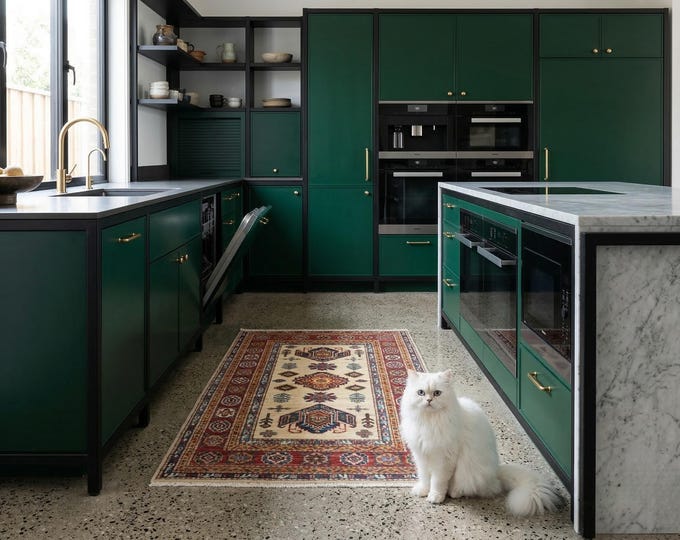 2.6 X 4.0 ft Red and Beige Geomatrical Handmade Runner, Super Kazak Cotton and Wool