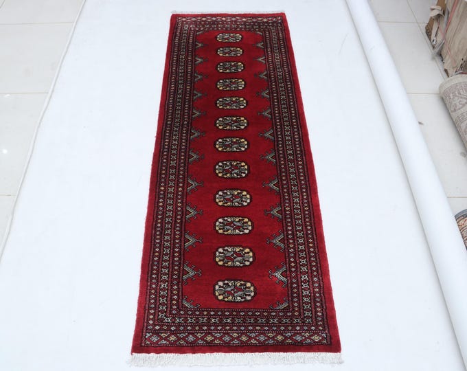 2.1 X 6.0 ft Red Geomatrical Handmade, Mori Bokhara Cotton and Wool