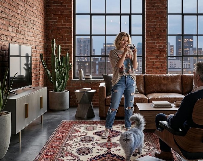 5.0 X 6.8 ft Beige and Red Geomatrical Handmade, Super Kazak Cotton and Wool