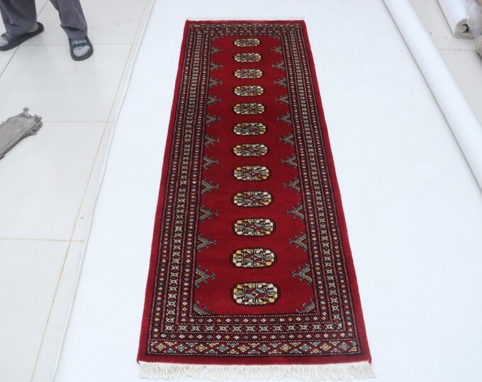2.1 X 5.10 ft Red Geomatrical Runner Handmade, Mori Bokhara Cotton and Wool